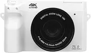 4K Digital Camera for Photography, 75MP UHD Video Recording Camera, 18X Optical Zoom, 3 Inch LCD Screen, with Flash, WiFi (White)