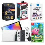 Nintendo Switch White OLED + Kirby and the Forgotten Land + Surge Starter Kit