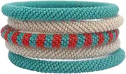 [Pure Hands] Encomium Goddess - value set of 5 handcrafted Aquarelle Blue, Poinciana Red & Whisper white seed Bead-Bangle-Bracelets (Medium Hand Size) for girls & women.