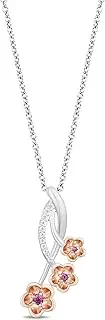 [Jewelili] Enchanted Disney Fine Jewelry Sterling Silver and 10K Rose Gold Diamond Accent and Rhodolite Garnet Mulan Pendant