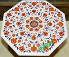 30 Inches White Marble Kitchen Table Top Floral Pattern Inlay side Coffee Table