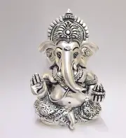 999 Matte Silver Plated Antique Mukut Ganesha - 3.5" - Perfect for Gifting, Home