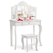 Costway Makeup Dressing Table Stool Set Folding Mirror Princess Vanity Writing Desk w/Large Drawer & 2 Storage Boxes White