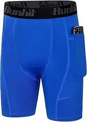 [Runhit] Youth Boys' Compression Shorts,Boys Performance Athletic Base Layers Underwear Sports Shorts Side Pocket Blue S