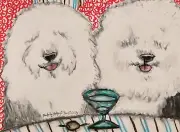 OLD ENGLISH SHEEPDOG Drinking Martini Original 9x12 Painting Dog Art Oil Pastel