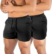 [DEHORU] Pack of 2 Men's Sports Shorts with Pockets Quick Drying Lightweight Mesh Training Trousers Jogging Bottoms Running Trousers