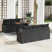 7-Piece Outdoor Patio Dining Set, Black Poly Rattan Acacia, Modular Furniture, Comfortable Seating, Weatherproof for Balcony