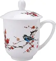 fanquare Flowers and Bird Painting Ceramic Tea Cup, Handmade Floral Porcelain Tea Cup with Lid, 300ml