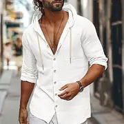 Men's Shirt Linen Shirt Beach Wear Button Up Shirt Hooded Shirt Plain Casual Daily Black White Green Khaki Long Sleeve Hooded Spring Summer Clothing Apparel B