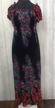 NWT Red & Black Peacock Feather Gathered Bust Maxi Dress Stretch Sundress L #23