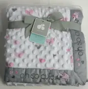 NWT Just Born Oh So Cute Elephant White Pink Grey Hearts Satin Trim Baby Blanket