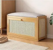 Rattan Shoe Bench With Adjustable Shelf And Linen Seat Soft Cushion, Fully Enclosed Breathable Mesh Shoe Organizer, 2 Tier Wooden Entryway Storage Bench For Hallway And Bedroom Sitting Bench Seat(Natu