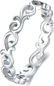 [BORUO] 925 Sterling Silver Ring Celtic Knot Heart High Polish Tarnish Resistant Eternity Wedding Band Stackable Ring