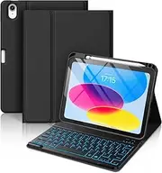 Witzon iPad 10th Generation Case with Keyboard 10.9 Inch - 7 Colors Backlit Wireless Detachable Folio Keyboard Cover with Pencil Holder for New iPad 10th Gen 2022, Black