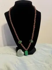 Handmade Hemp Necklace with Green Chalcedony Pendant and Aventurine Heart