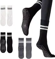 [FWORUAIS] 4 Pairs Non-Slip Pilates Socks, Grip Socks for Yoga, Reformer Pilates, Barre, Ballet, Dance, and Gym Workouts, Perfect for Women, White + Black + grey, 37 US