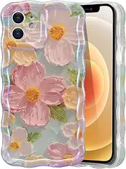 [ELEPIK] for iPhone 12 Case, Stylish Floral Oil Painting Design, Glossy Finish with Curly Wave Edges, Durable TPU, Protective & Elegant Cover for Girls Women, Green