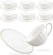 [Prefdo] Porcelain Tea Cups and Saucers Set of 6, British Style Ceramic Tea Cup Coffee Mug Espresso Cup White Tea Cup Set for Women Home Kitchen Office Coffee Shop Tea Party, 200ml/7 OZ