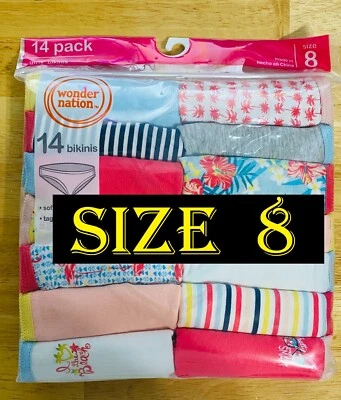 Wonder Nation Girls' Underwear Cotton Bikini Panties, 14 Pack Size 8