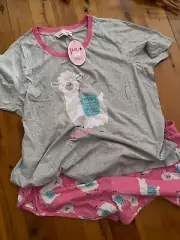 Peter Alexander Women’s Pink & Grey Llama Shortie Cotton Pj Set Size 1+ BNWT