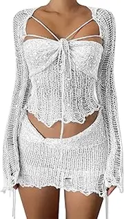 [Eilova Orityle] Womens 3 Piece Crochet Skirt Sets Strappy Long Sleeve Cover Up Sequins Crop Top Y2K Mini Skirt Outfits