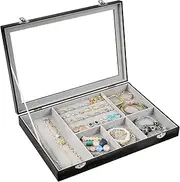 ProCase Jewelry Organizer Box Tray with Glass Lid for Women Girl Wife, PU Leather Display Case Box with Ring Holder, Multi-compartment for Rings Earrings Necklace Watch Sun Glass Bracelets -Black
