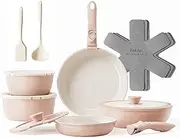 Redchef 16pcs Ceramic Pots and Pans Set Non Stick, Nonstick Kitchen Cookware Set with Detachable Handle, Non Toxic, PFAS PFOA & PTFE Free, RV Cookware Set for Camping, Dishwasher/Oven Safe (Pink)