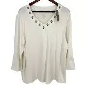 NEW NWT $75 Chicos Sz XL 3 Stretchy White Artsy Blouse Shirt Top Business Formal