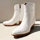 NEW Pointy Toe Stack Block Heel Western Cowgirl Ankle Booties Boots Off White