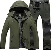 [ZSCAL] Men's Winter Warm Hooded Ski Suits, Men's Plus Size Insulated Waterproof Ski Jackets and Pants with Belt Set, for Work Outdoor Ski Fishing Riding, Motorcycles (Color : Dark Green, Size : XX-Large)