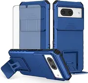 [Asuwish] Phone Case for Google Pixel 8 5G with Tempered Glass Screen Protector and Slide Camera Cover Kickstand Stand Slim Protective Mobile Hard Cell Accessories Pixel8 Pixle Eight Women Men Blue
