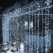 Outdoor Christmas Window Lights 3x3M-300LED Plug in 8 Modes Curtain Light 9 Colors Remote Control Window Wall Hanging Light Warm White RGB for Christmas Decora