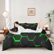 Honeycomb Bedding Duvet Cover Queen Size,Geometry Hexagon Theme with Green Yellow Neon Lights Comforter Cover,Boys Teen Man Chic Creative Home Bedding Quilt Cover 3Pcs with 2 Pillowcases,Black
