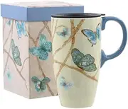 Topadorn Coffee Ceramic Mug Porcelain Latte Tea Cup with Lid 17oz. 17 Ounce Blue Butterfly