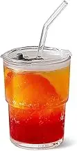 13oz Glass Tumbler with Glass Straw and Lid, Iced Coffee Cups Reusable, Water Cup, Coffee Tumbler, Glasses Coffee Mugs, Drinking Cups (Clear)
