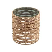 Design Square Ares Woven Round Tempered Glass Top Side End Lamp Table Natural