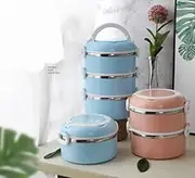 Multiple Layered Portable Round Stainless Steel Insulated Bento Lunch Box Food Container with Handle Leak Proof (Single-Blue)