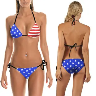 新款歐美女士性感比基尼泳裝美國國旗3D印花比基尼套裝熱銷-格林賣場