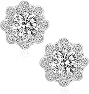 [Street Knitted] Flower Cluster Halo Round Brilliant 925 Sterling Silver White Gold Plated Unisex Iced Cz Hip Hop Men's Women's Circle Screw Back Cubic Zirconia Stud Earrings, Medium, Sterling Silver, Cubic Zirconia