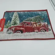 7 Christmas Tapestry Placemats +Table Runner Red Truck Tree Country Rustic NWT