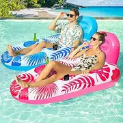 FindUWill Pool Floats Chairs Adult - 2 Pack 65'' x 42'' Large Pool Float Chairs, Inflatable Pool Lounger with Cup Phone Holder, Backrest, Footrest, Tanning Pool Lounge