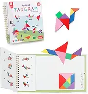Travel Tangram Puzzle with 2 Set Magnetic Plate- Road Trip Tangoes Games with Solution - IQ Book Educational Toy Brain Teaser for Kid Challenge