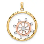 14k Two-tone Gold w/White Rhodium Beaded Ship Wheel In Circle Charm