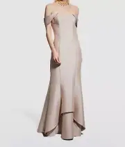 $495 Aidan Mattox Women Beige Mikado Off-Shoulder Cap-Sleeve Gown Dress Size 8