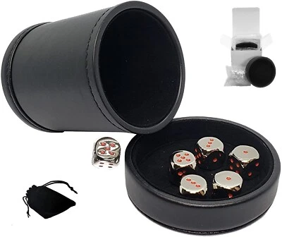 6 Zinc Alloy Dice Nickel with Red Pips +PU Leather Black Felt Lined Cup with Lid