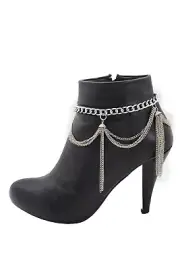 Women Silver Metal Chain Boot Bracelet Shoe Wave Tassel Fringe Charms Beach Pool