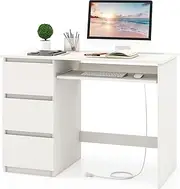 [Giantex] Computer Desk w/Built-in Charging Station, USB & Type-C Ports, Home Office Desk w/Keyboard Tray & 3 Storage Drawers, Modern Study Writing Table, Vanity Table for Bedroom (White)