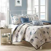 BEAUTIFUL TROPICAL BEACH SEA CORAL BLUE WHITE SHELL COAST OCEAN QUILT SET NEW!