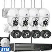 Hiseeu Wireless Security Cameras System [WiFi Pro & Plug in Cable] 5MP PTZ& Bullet Bundle 8 Cameras System IP66 Waterproof -Motion Alert Longer Range with 3TB HDD Surveillance NVR Kit