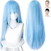 CaseEden Cosplay Wig, Reincarnated, Reincarnated, Rimuru-Tempest Slime, Long Hair, Light Blue, White Merce Wig Net, Set of 2